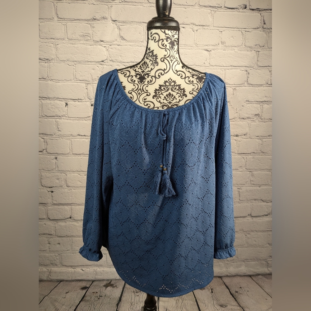 Rafaella women's long sleeve stretch knit eyelet fabric lined size xl top bb05